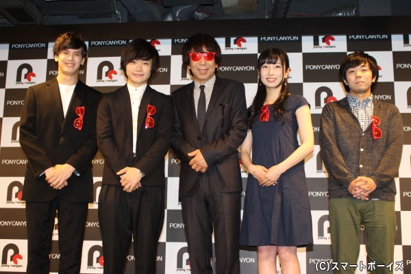 (写真左から)才川コージさん、鳥越裕貴さん、木根尚登さん、高宗歩未さん、脚本・演出:有働佳史さん